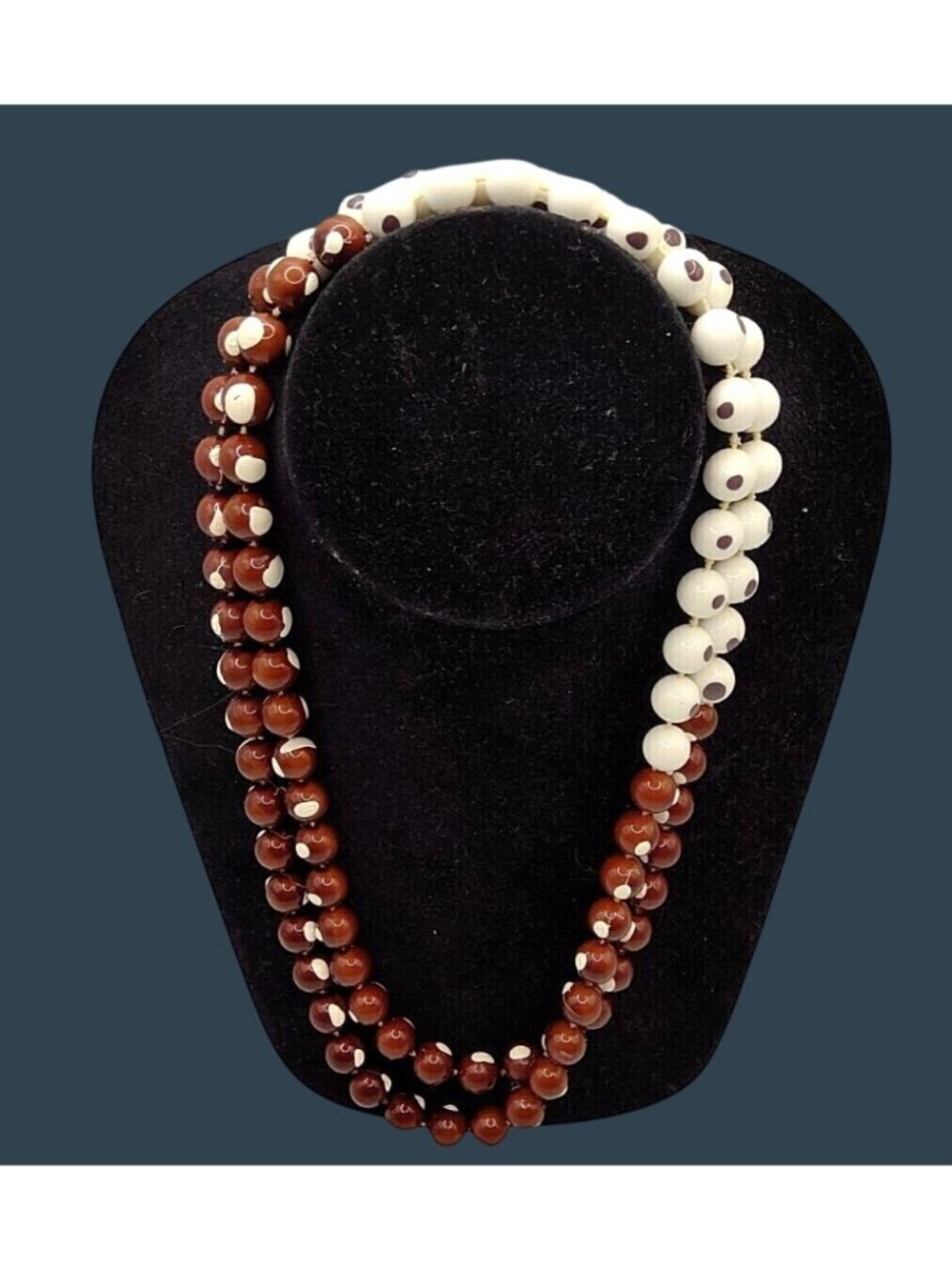 Vintage Double-Strand Brown & White Polka Dot Plastic Bead Necklace 20 Inches